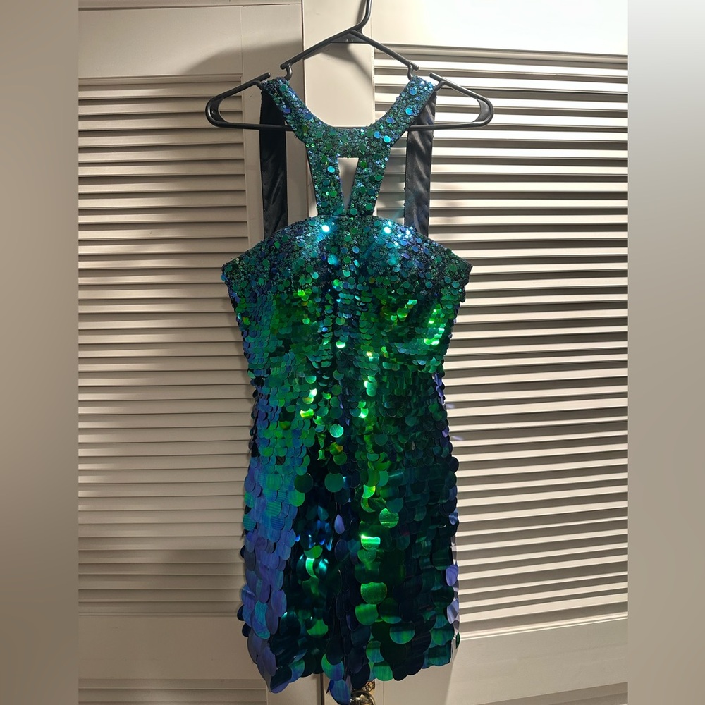Sherri Hill Green and Blue Sequin Halter Mini Dress